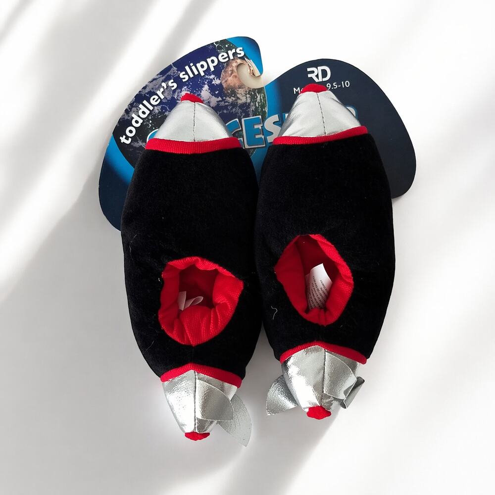 Royal Deluxe Boys Rocket Spaceship Plush Slippers 9.5-10 Black Red NWT